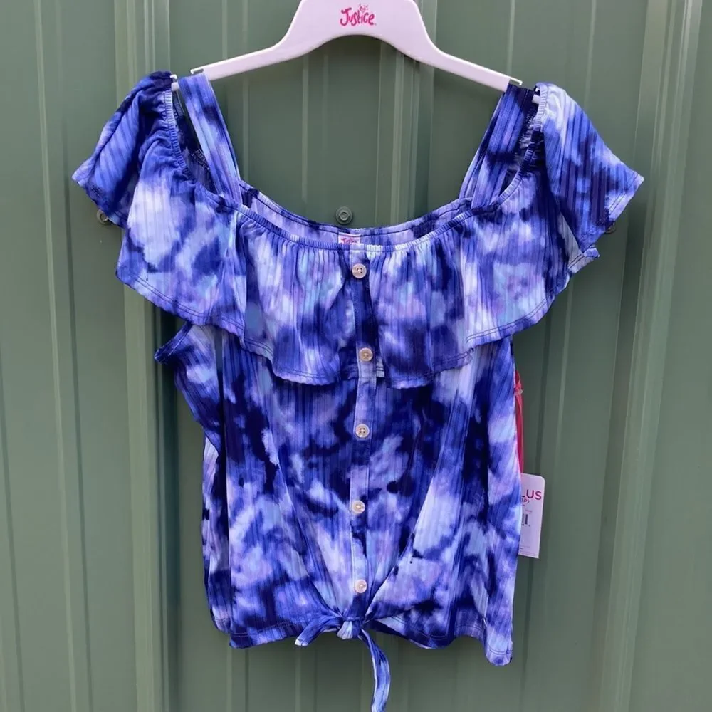 Justice Girls Flounce Button Front Short Sleeve Tie Dye Top Shirt Size XLP 16/18